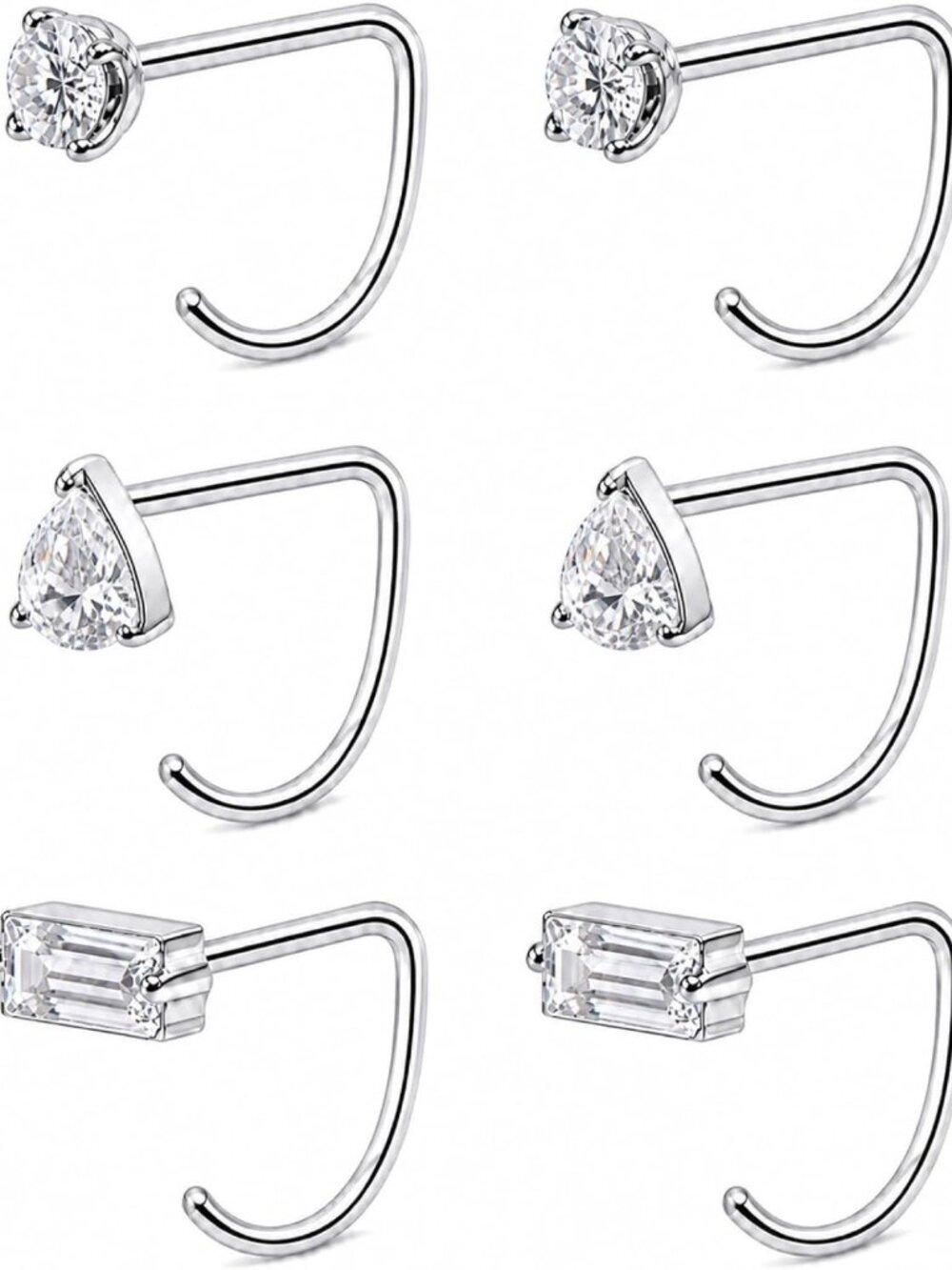 Stylish Titanium D-Shape Ear Studs, 20G with Sparkling CZ - Set of 3 Pairs